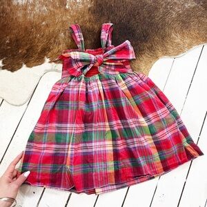 Ralph Lauren Girls Red Green Smocked Plaid Cotton Sundress with Pockets.